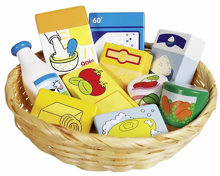 Kaufladen Miniaturen,Lebensmittel und Haushaltswaren im Korb