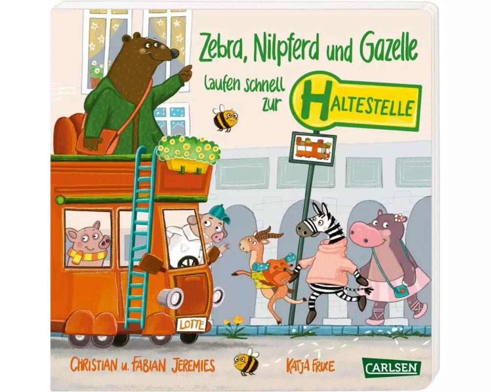 Zebra, Nilpferd und Gazelle laufen schnell zur ... Haltestelle!