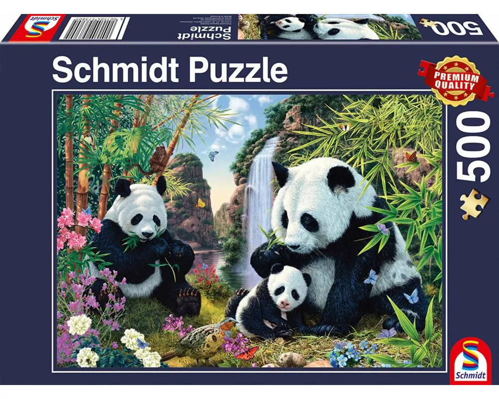 Pandafamilie am Wasserfall