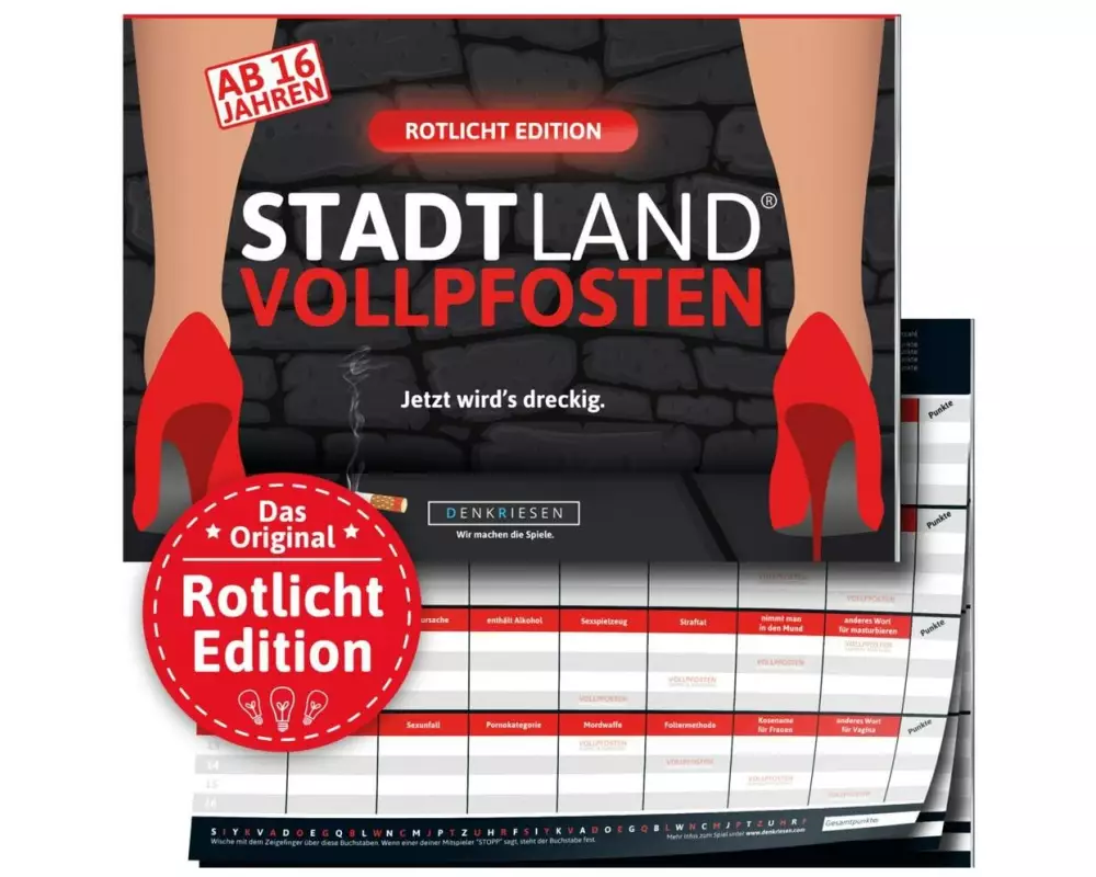 Denkriesen Partyspiel STADT LAND VOLLPFOSTEN – Rotlicht Edition