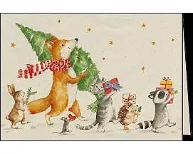 Doppelkarte. Let`s go green. Tiere mit Geschenken und Tannenbaum / blanko