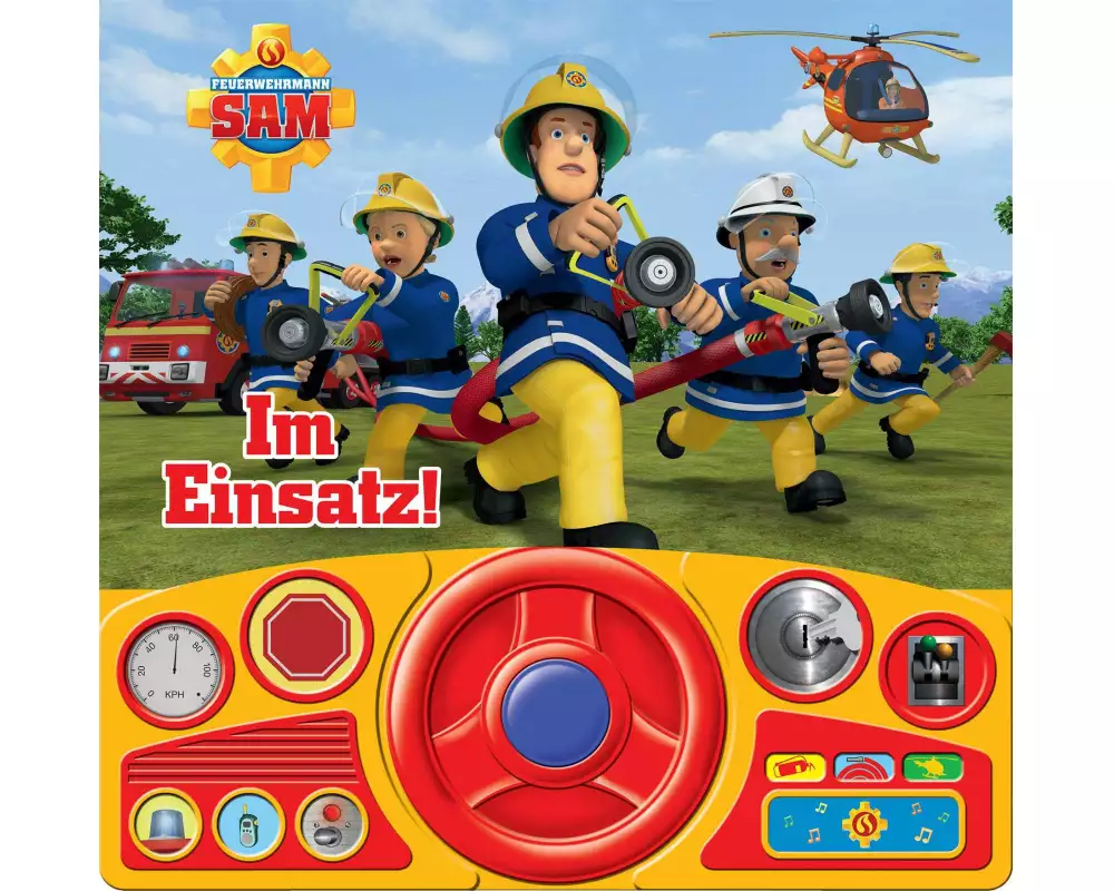 Feuerwehrmann Sam - Im Einsatz! - Soundbuch - Pappbilderbuch mit beweglichem Lenkrad und 13 spannenden Geräuschen für Kinder ab 3 Jahren