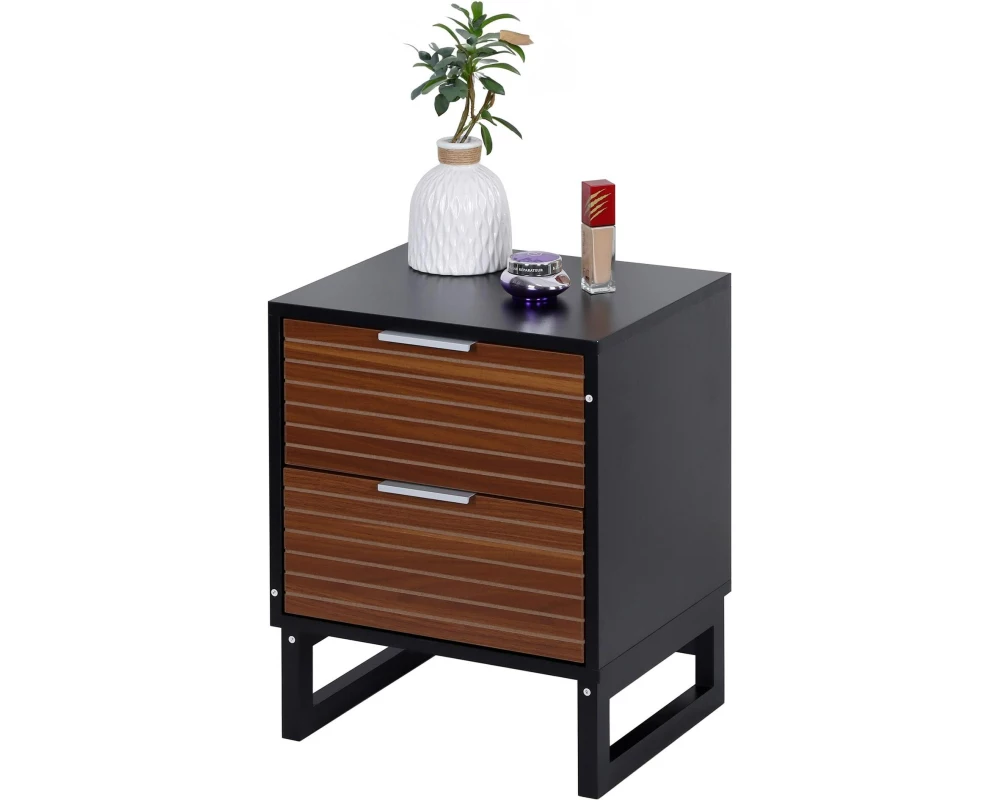 relaxdays Nachttisch mit 2 Schubladen 40 x 50 cm, Schwarz/Braun/Silber