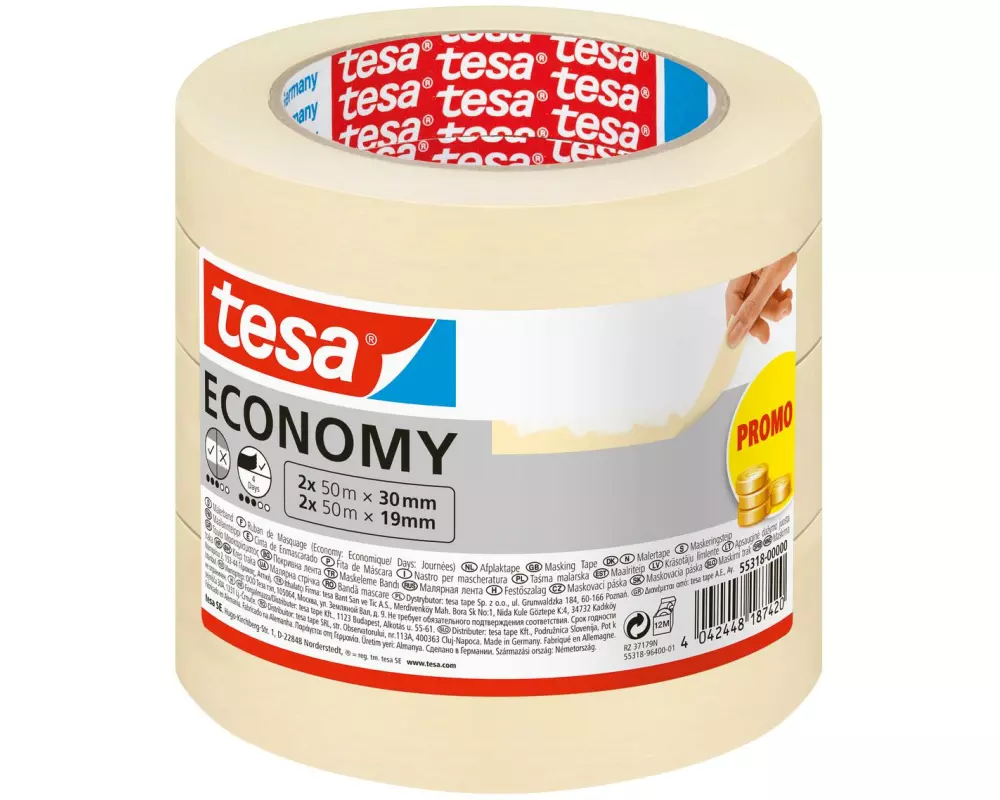 tesa Abdeckband Masking Economy, Set 2x 50m x 30mm, 2x 50m x 19mm