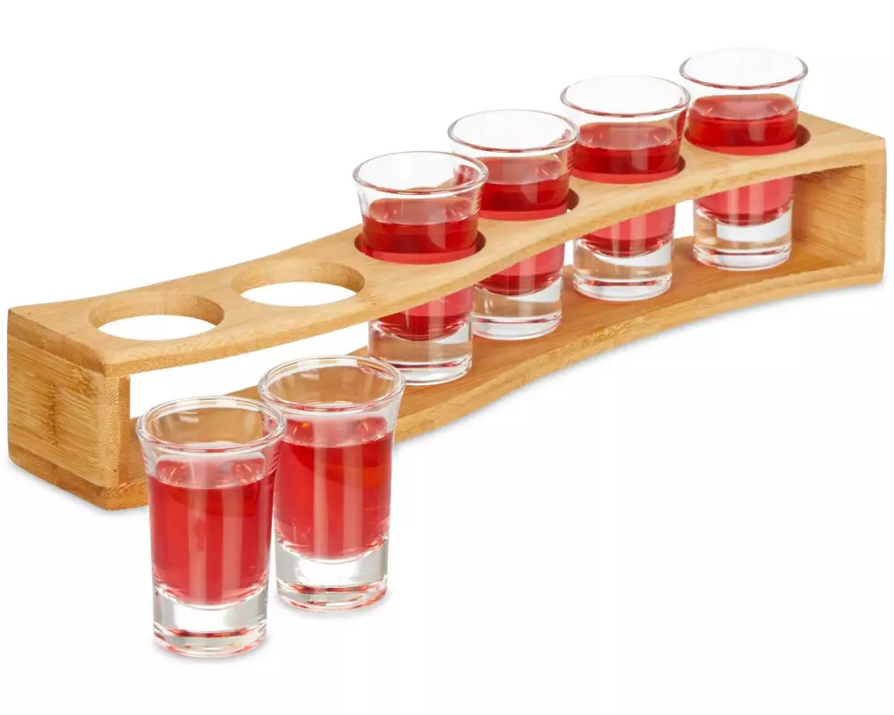 relaxdays Schnapsbrett mit 6 Gläser Natur/Transparent