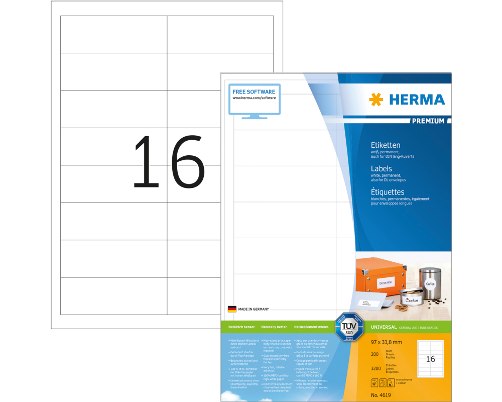 HERMA Etiketten Premium 96,5×33,8mm 4619 weiss 3200 Stück