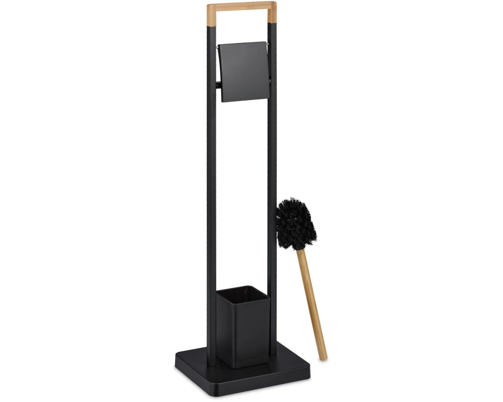 relaxdays WC-Garnitur Edelstahl Bambus Schwarz Hellbraun