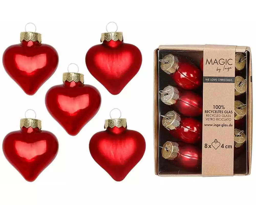 INGES CHRISTMAS DECOR Weihnachtskugel Herz 4 cm Rot, 8 Stück