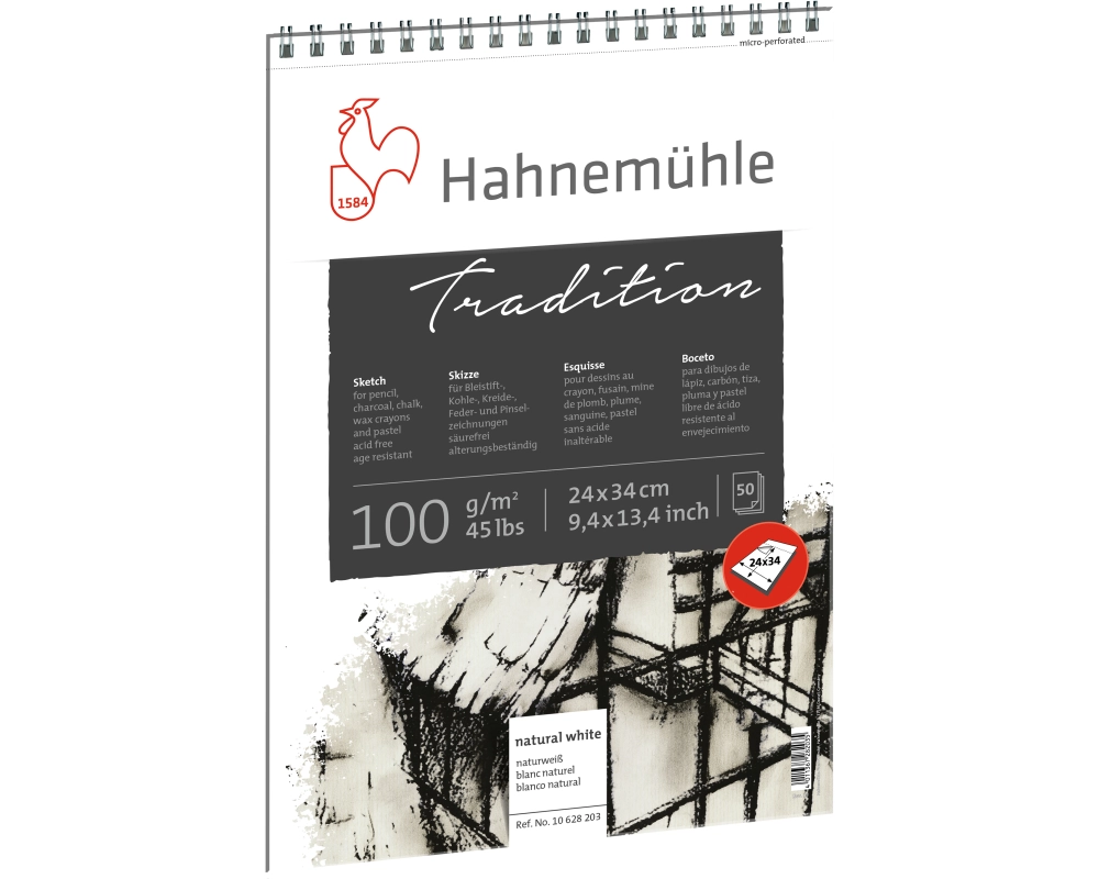 HAHNEMÜHLE Spiralblock Tradition 24x34cm 10628203 weiss, 100g 50 Blatt