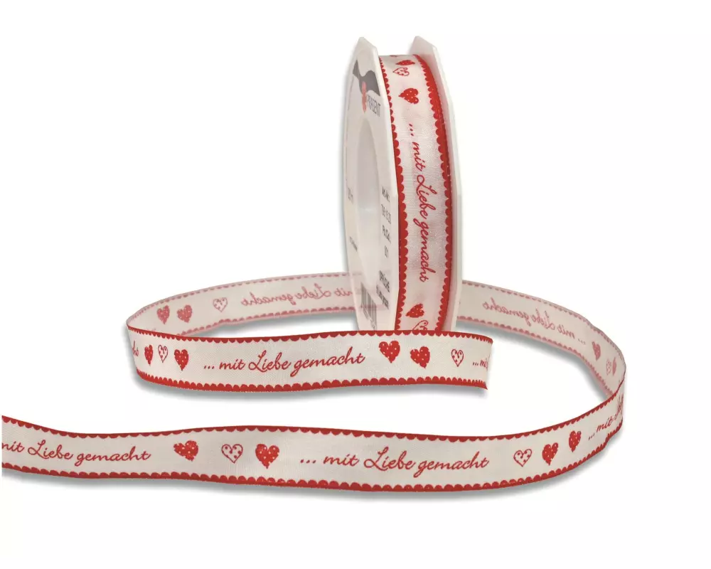 Pattberg Geschenkband Mit Liebe gemacht 1.5 cm x 20 m, Rot/Weiss