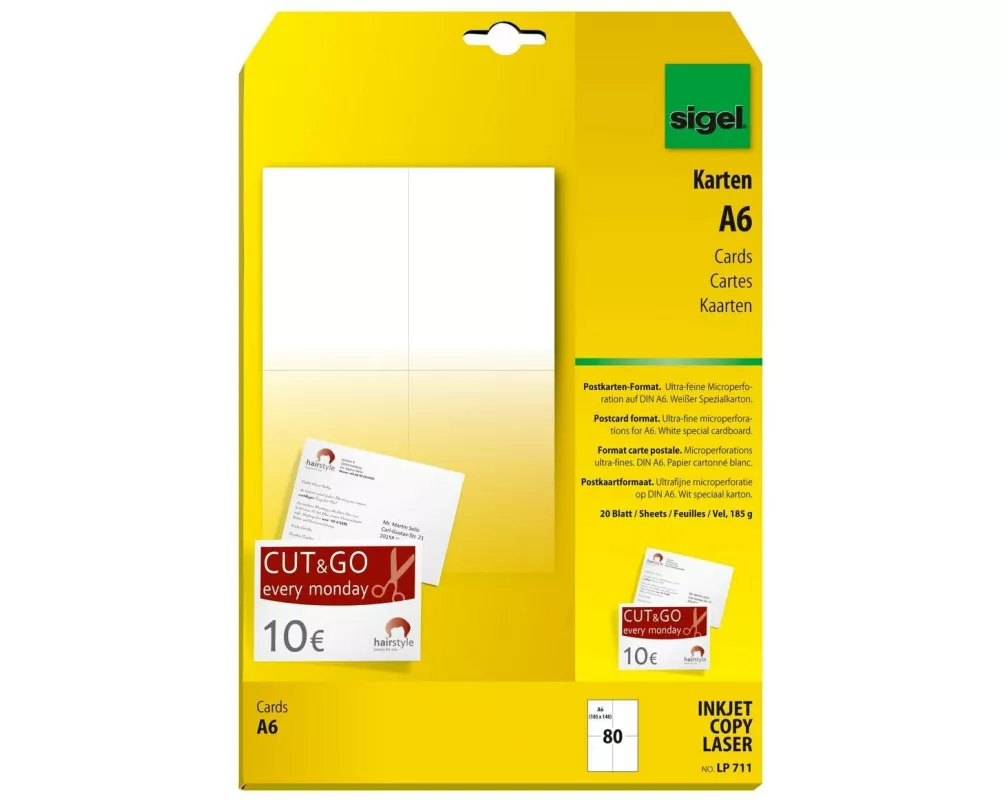 Sigel Postkarte A6 (A4), 20 Blatt, 185 g, Weiss
