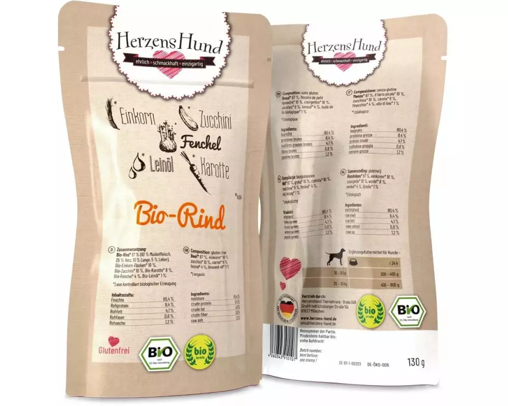 HerzensHund Nassfutter Bio-Rind mit Bio-Gemüse, 130 g
