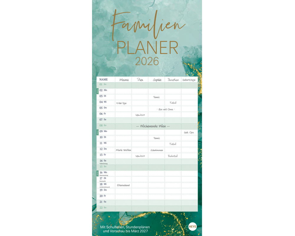 Heye Familienplaner Watercolor 2026 21 x 45 cm