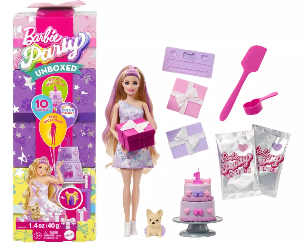 Barbie Spielset Party Unboxed Pet Birthday Lila