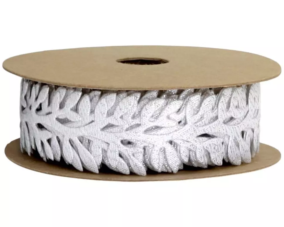 Chic Antique Geschenkband mit Blätter 5 m, Silber glitzer