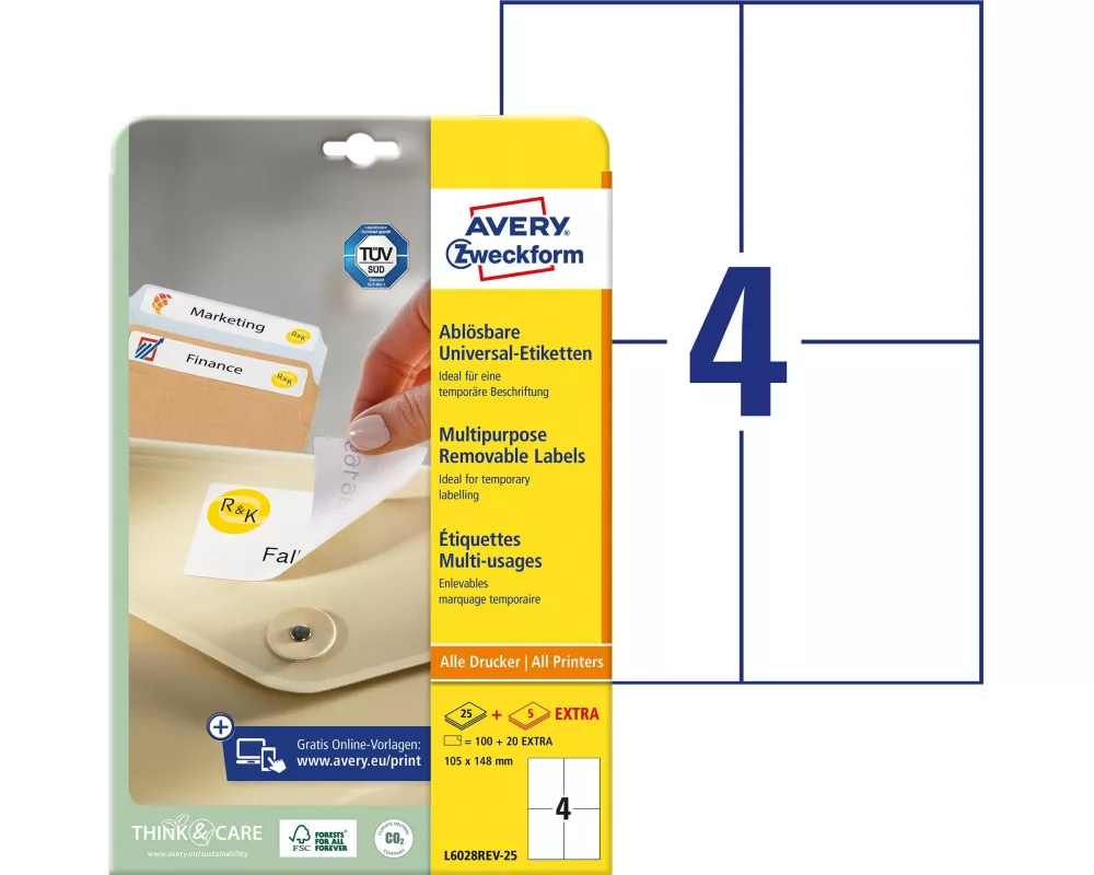 Avery Zweckform Universal-Etiketten L6028REV-25, 105 x 148 mm, 30 Blatt
