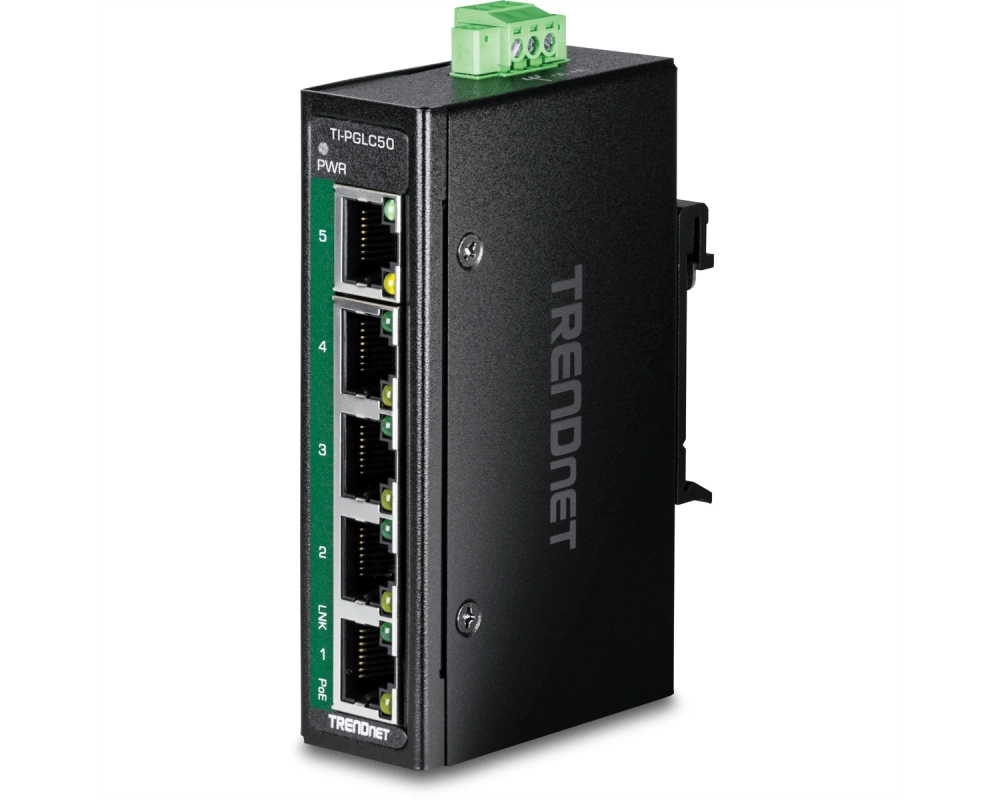 TRENDnet TI-PGLC50 5-Port Gigabit PoE+ Industrial DIN-Rail Mini Switch