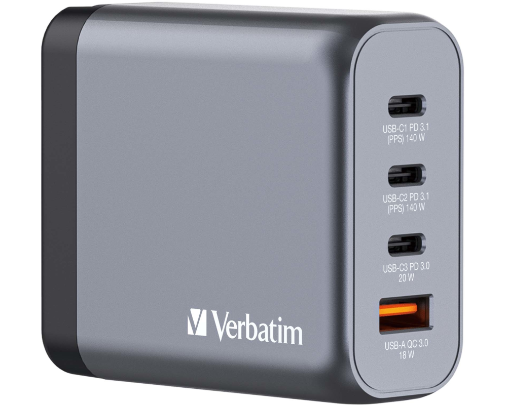 VERBATIM Charger 140W GaN grey 32203 3xUSB-C 1xUSB-A +Adapter UK/US