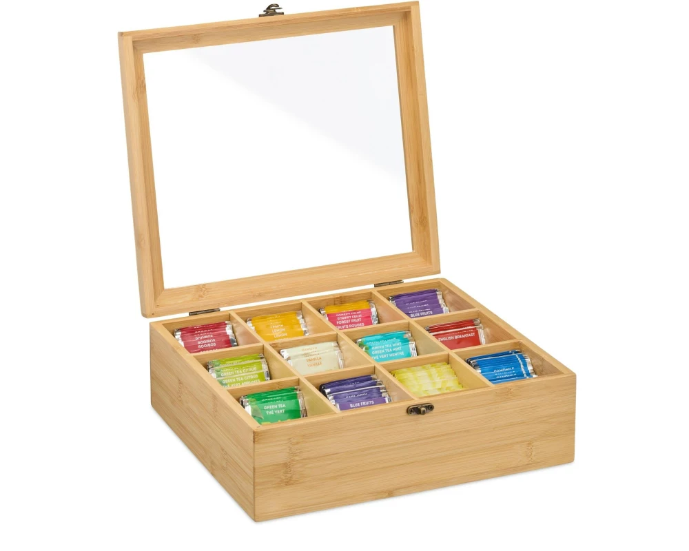 relaxdays Teebeutel-Box mit 12 Fächern, Hellbraun/Transparent