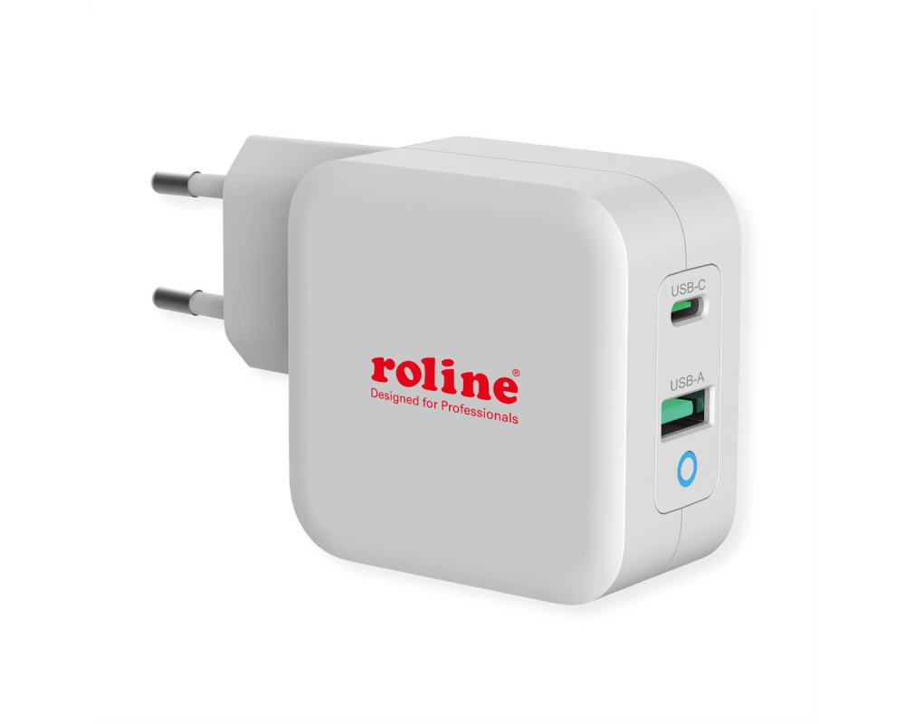 ROLINE USB Charger mit Euro-Stecker, 2 Port (Typ-A QC3.0, Typ-C PD), 65W