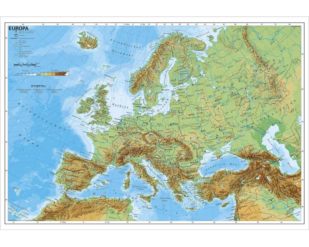 Europa, physisch 1 : 7 500 000. Wandkarte Kleinformat ohne Metallstäbe