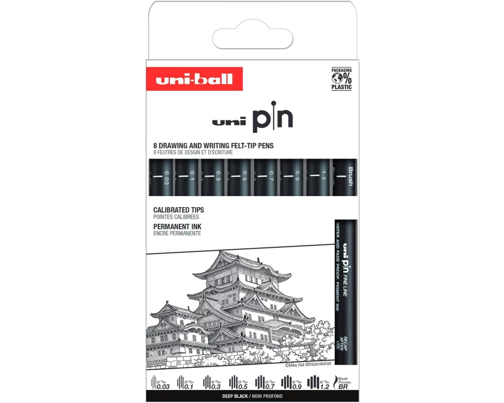 Uni Fineliner Classic Himeji, Schwarz, 8 Stück