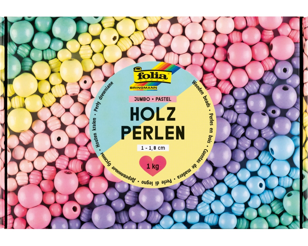 FOLIA Holzperlen Pastel 1000g 22993 Jumbo Pack, 1-1.8cm