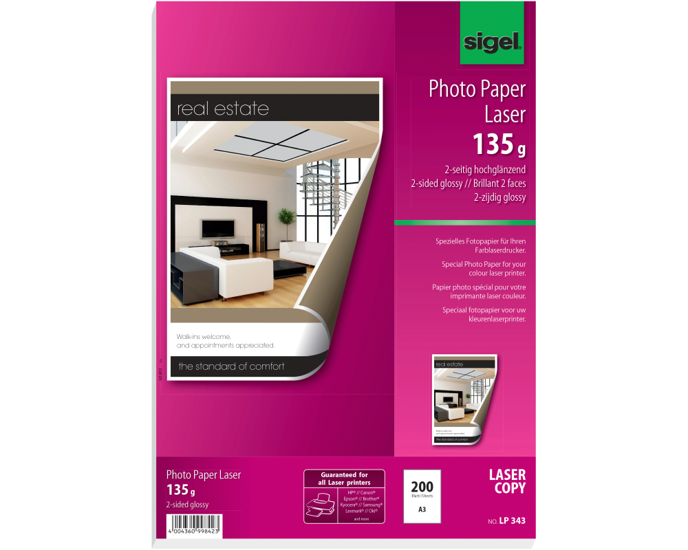 SIGEL Laser Photopapier A3 LP343 135g,glossy, weiss 200 Blatt