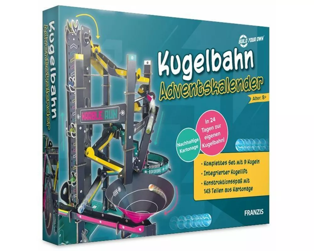 FRANZIS 67300 - Kugelbahn Adventskalender. In 24 Tagen zur eigenen Kugelbahn. Mit nachhaltiger Kartonage. Für Kinder ab 8 Jahren
