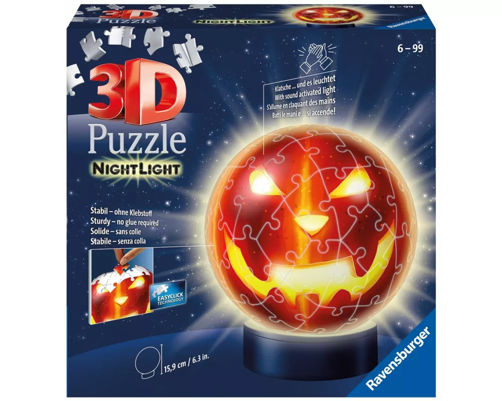 Ravensburger 3D Puzzle Kürbiskopf Nachtlicht 11253 - Puzzle-Ball - 72 Teile - für Halloween Fans ab 6 Jahren