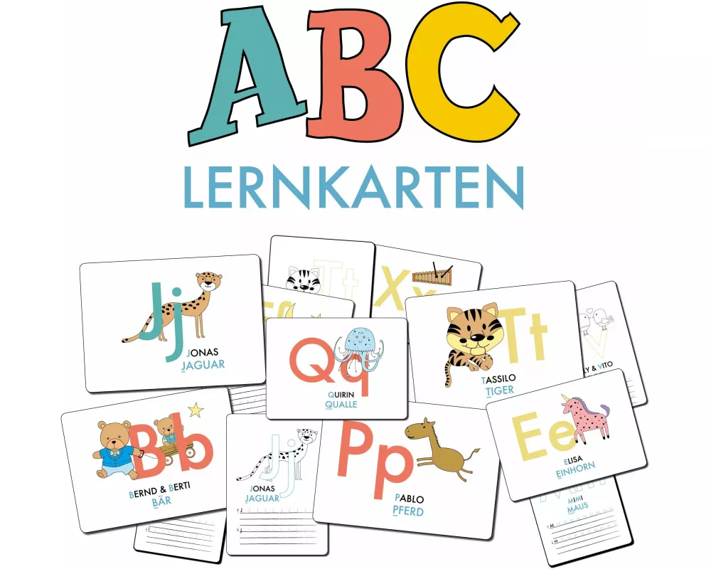 ABC-Lernkarten der Tiere, Bildkarten, Wortkarten, Flash Cards mit Groß- und Kleinbuchstaben