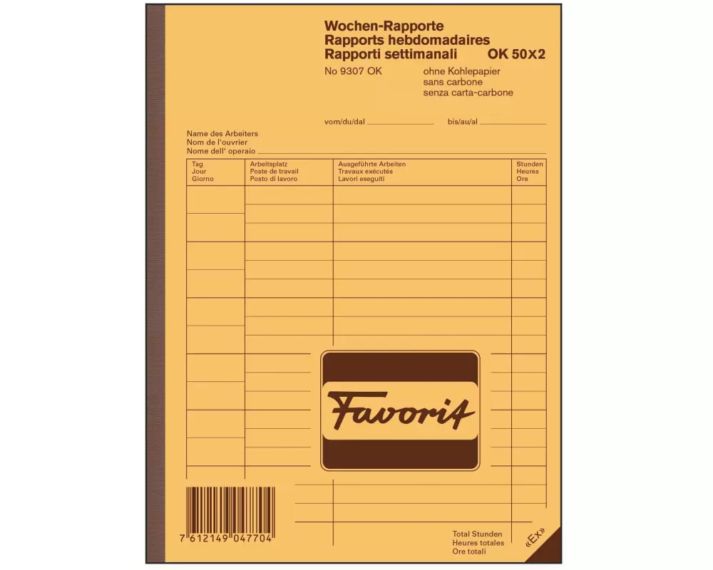 Favorit Durchschreibebuch A5 Wochen-Rapporte, 50 x 2 Blatt
