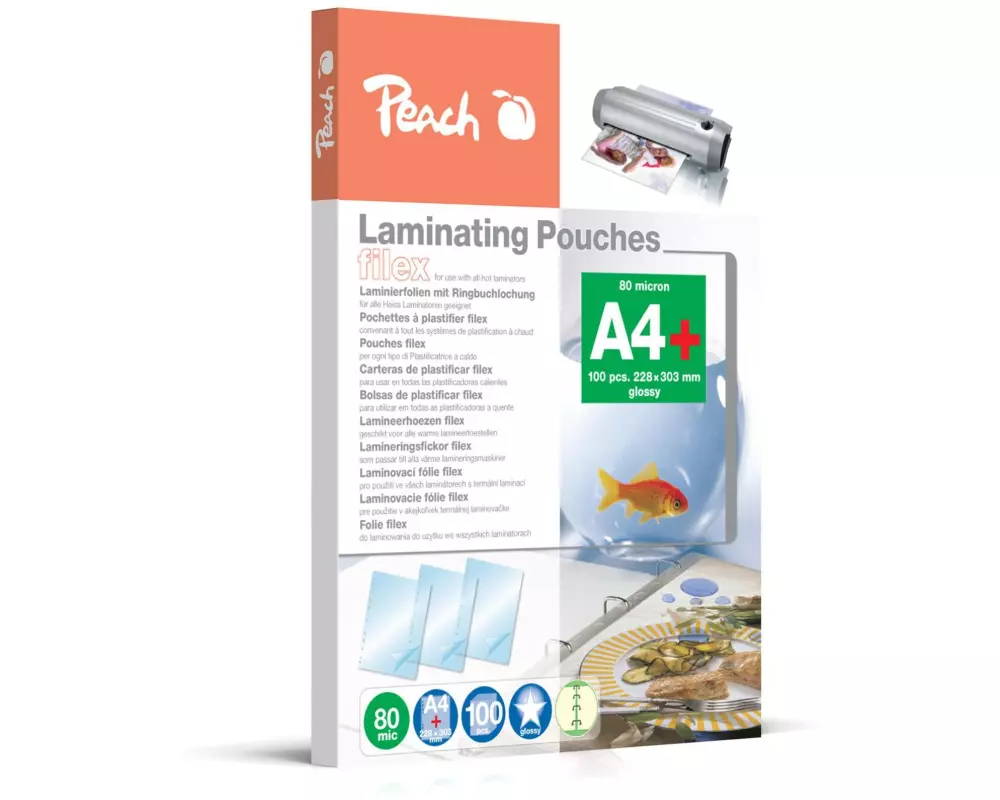 Peach Laminierfolie A4, 80 µm, 100 Stück, Glänzend Abheftlochung