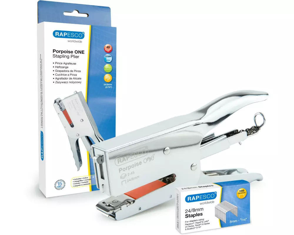 Rapesco Porpoise Heftzange ONE Bypass 45 Seiten, Chrom