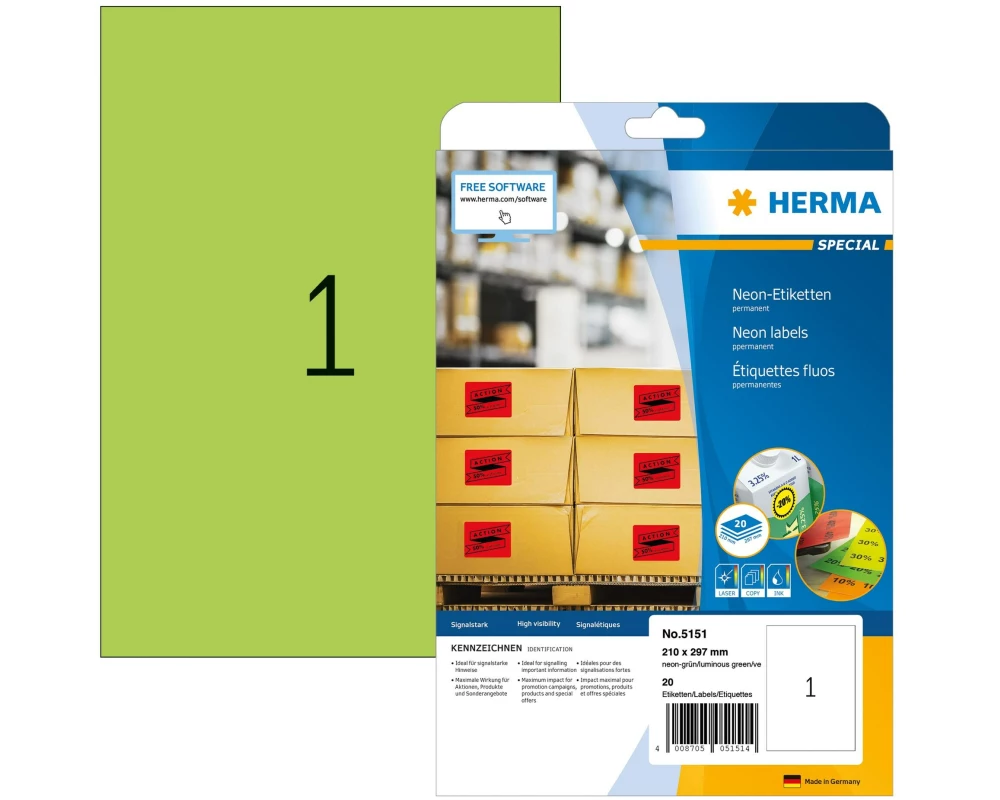 HERMA Neonetiketten A4 210 x 297 mm, Neon-Grün, 20 Stück