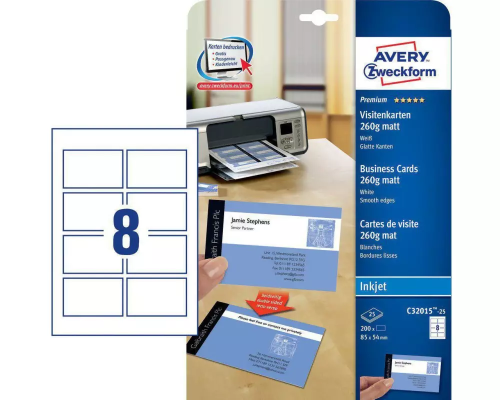 Avery Zweckform Visitenkarten-Etiketten Inkjet 85 x 54 mm 200 Stück