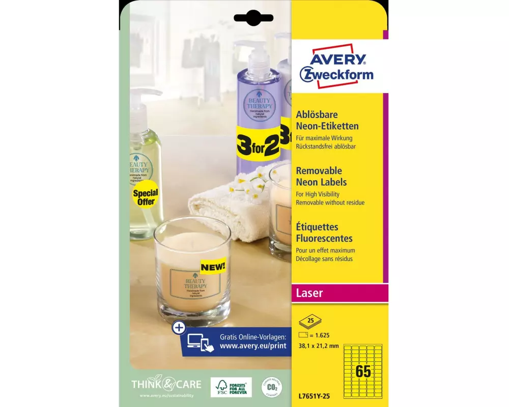 Avery Zweckform Vielzweck-Etiketten 38.1 x 21.2 mm, 25 Blatt, Neongelb