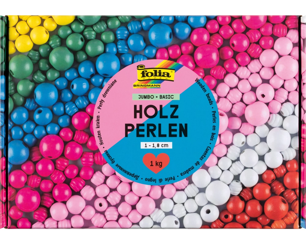 FOLIA Holzperlen basic 1000g 22992 Jumbo Pack, 1-1.8 cm