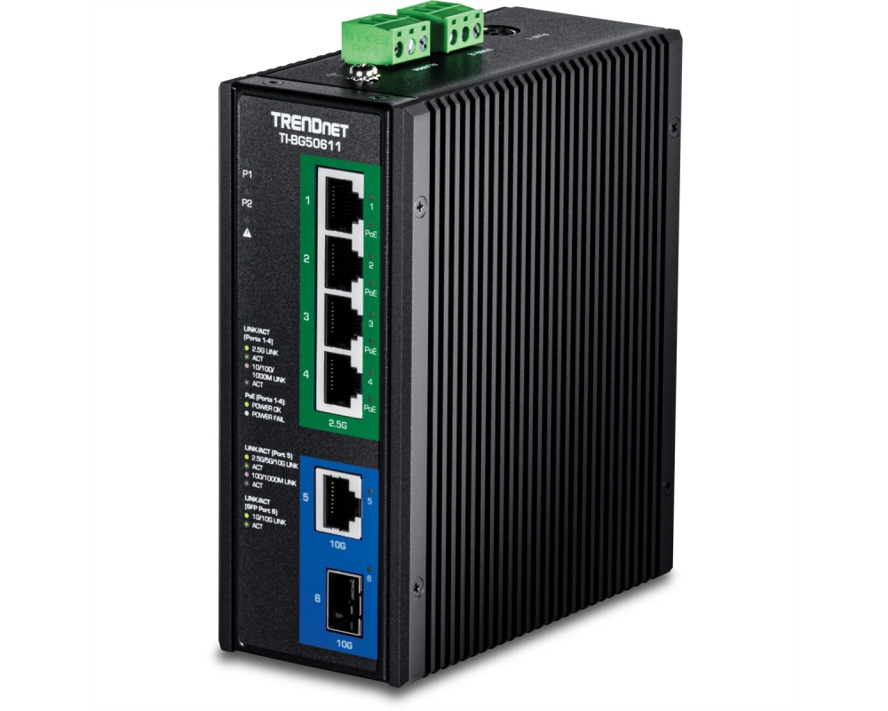 TRENDnet TI-BG50611 Industrial DIN-Rail Switch 2,5G 6-Port PoE++ mit 10G Ports