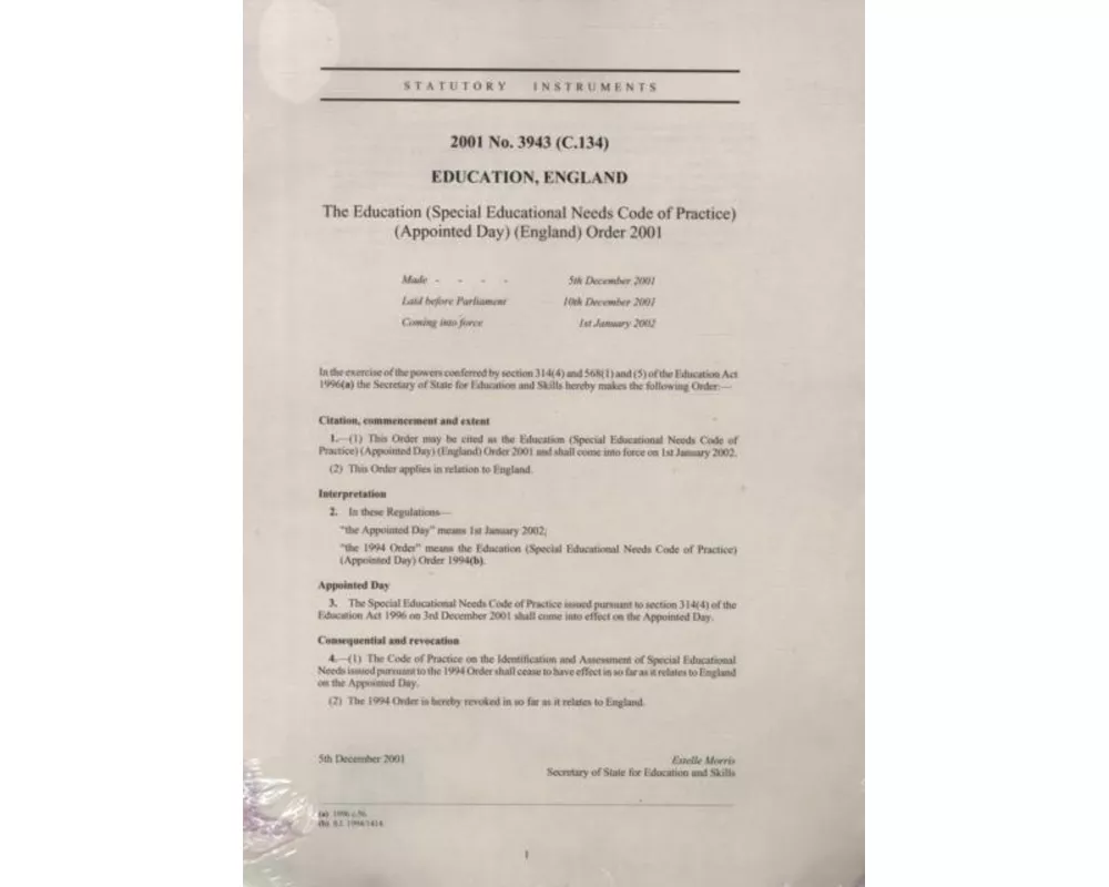 The Education (Special Educational Needs Code of Practice) (Appointed Day) (England) Order 2001