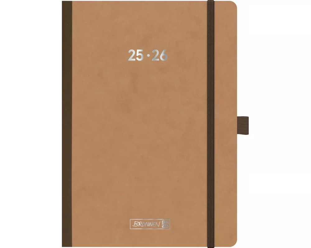 BRUNNEN Schülerkalender (2025/2026) FACT!plus, 2 Seiten = 1 Woche, A5, 208 Seiten, Pressspan-Umschlag, braun