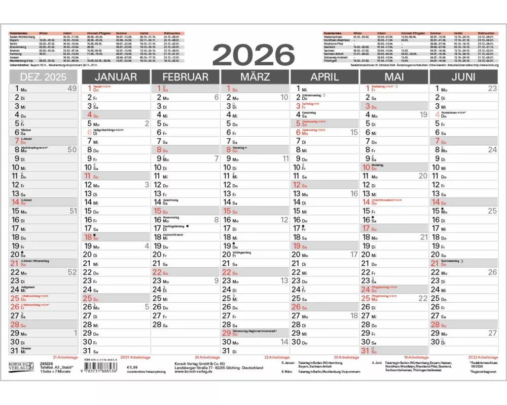 Tafelkalender A3 "Stabil" 2026