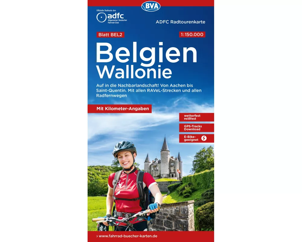 ADFC-Radtourenkarte BEL 2 Belgien Wallonie 1:150.000, reiß- und wetterfest, E-Bike geeignet, GPS-Tracks Download, mit Kilometer-Angaben