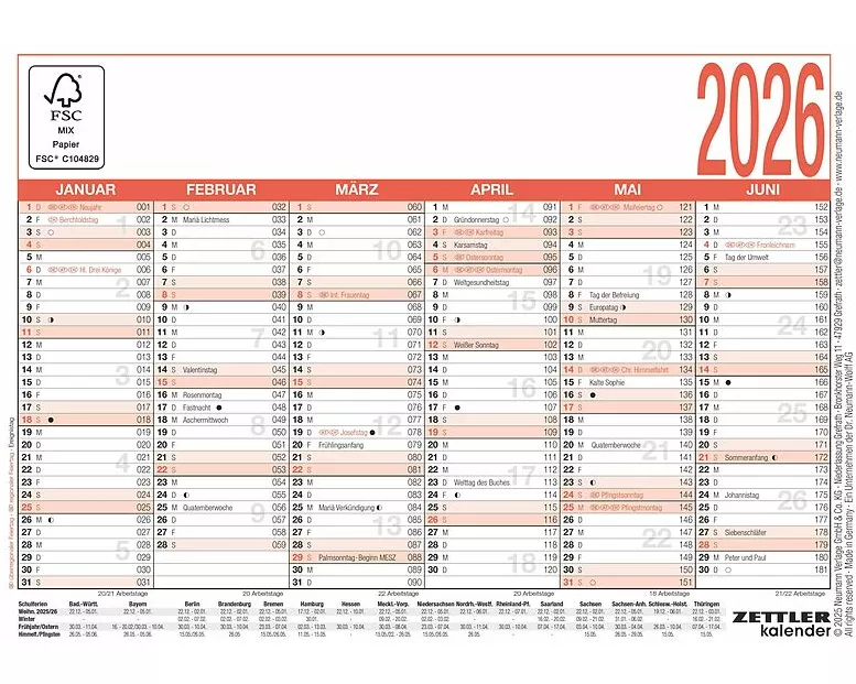 Zettler Arbeitstagekalender A6 2026 – Bürokalender kompakt 15 × 11 cm, 6 Monate pro Seite, Arbeitstage-, Tages- & Wochenzähler, Ferienübersicht, Feier