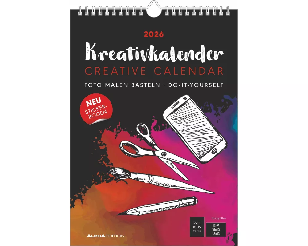 Alpha Edition - Kreativ-Kalender A4 Schwarz 2026 – Bastelkalender (21×29,7 cm) mit Platz für Fotos & kreative Gestaltung, inkl. Stickerbogen, schwarze