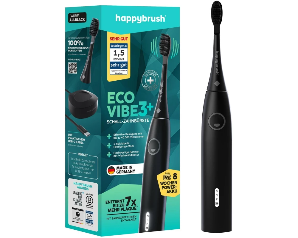 happybrush Schallzahnbürste StarterKit Eco Vibe V3+ Black