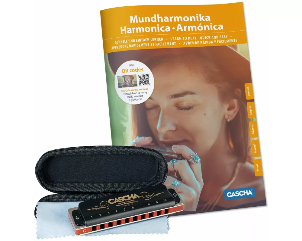 Professional Blues Harmonica Set, (incl. 4 languages Method (DE/EN/FR/ES), case, cleaning cloth)
