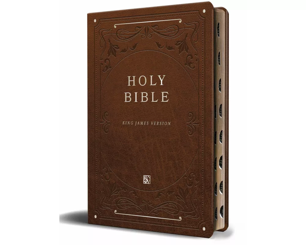 KJV Holy Bible, Giant Print Thinline Large format, Brown Premium Imitation Leather with Ribbon Marker, Red Letter, and Thumb Index
