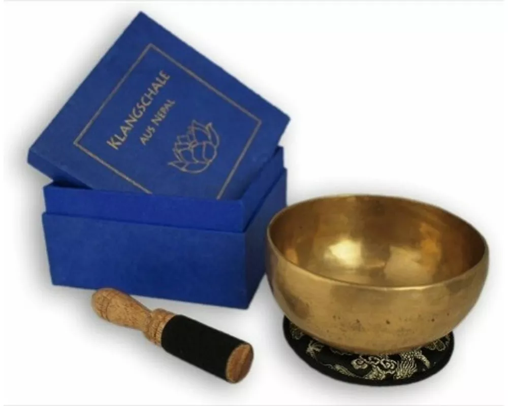 Klangschale in blauer Geschenkbox S mit Lotus-Aufdruck und Zubehör