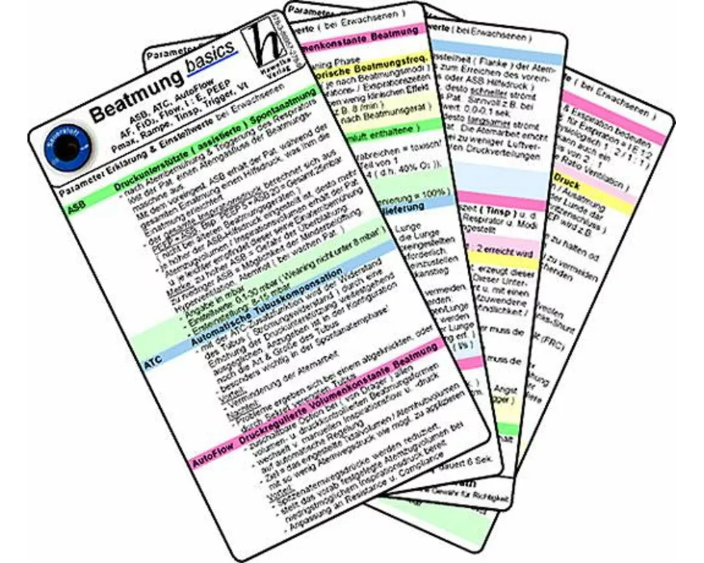 Beatmung basics - ASB, ATC, AutoFlow, AF, FiO2, Flow, I:E, PEEP, Pmax, Rampe, Tinsp, Trigger, Vt (2er Set) - Medizinische Taschen-Karte